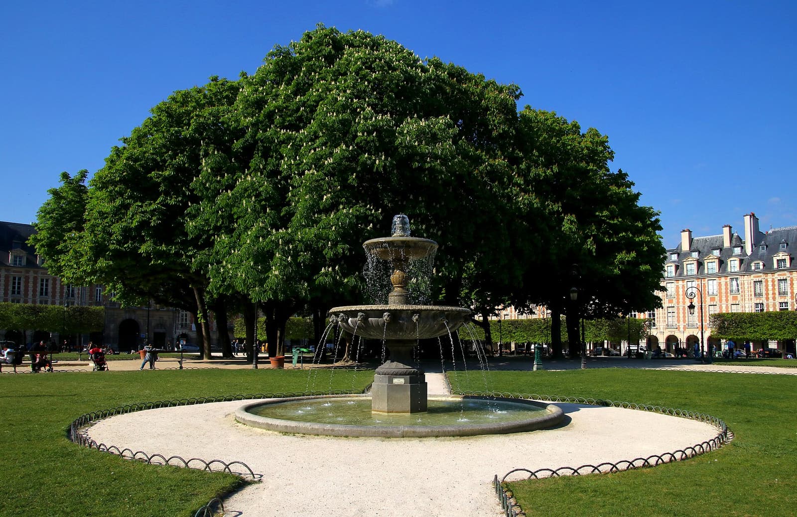 A fountain in the Square Louis-XIII garden, with the red-brick houses of the Place des Vosges behind the trees